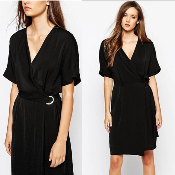 Whistles Dresses & Skirts - WHISTLES Black Satin Metal Ring Wrap Dress